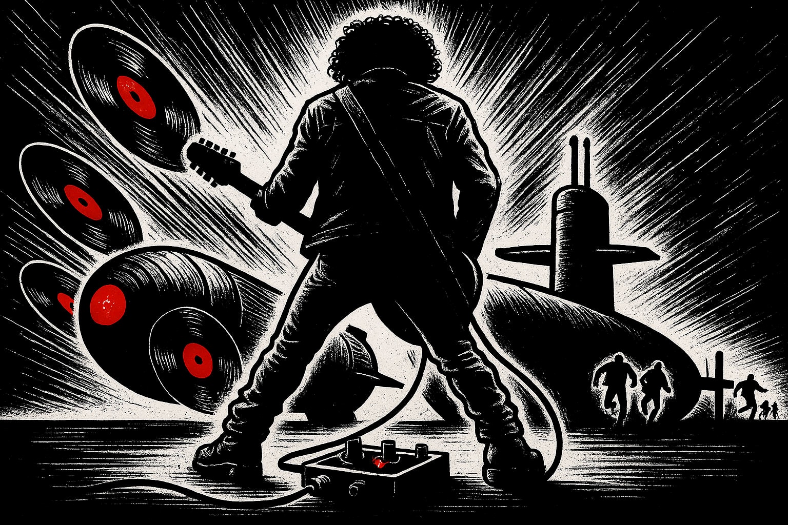 L'Indomptable — illustration : guitariste face à des vinyles et un sous-marin